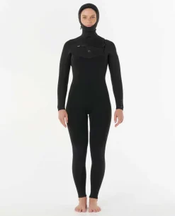 Combinaison de surf femme DAWN PATROL WARMTH 5/4 mm zip poitrine avec cagoule noir RIP CURL
