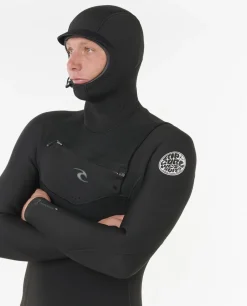 Combinaison de surf homme DAWN PATROL WARMTH 5/4 mm zip poitrine avec cagoule noir RIP CURL