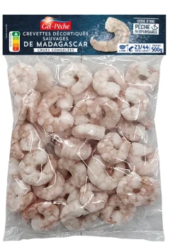 CREVETTES CRUES DÉCORTIQUÉES SAUVAGES MADAGASCAR 23/44 P 500G GEL PECHE