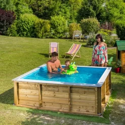 PISCINE BOIS PISTOCHE 2x2M avec Couverture de sécurité. filtration incluse et réglable sur 2 hauteurs d'eau
