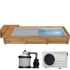 PISCINE URBAINE 6.00x2.50xHt1.33M avec Coffret connecté. Couverture Automatique immergée. Chauffage. Filtre à Sable et Coffre de Filtration en Bois