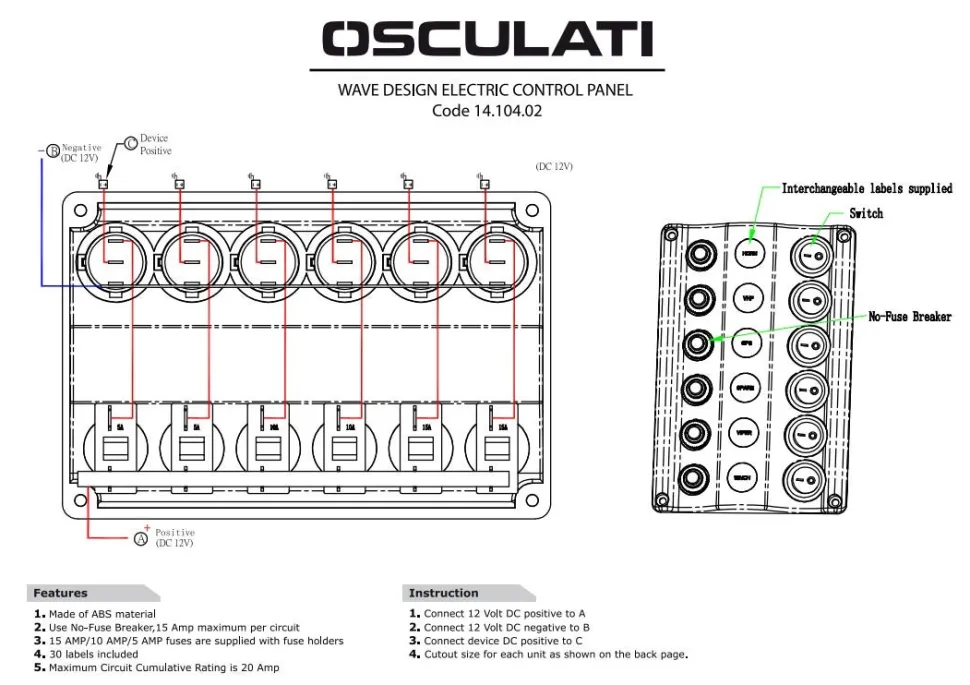 Tableau électrique réarmable Wave 4 interrupteurs - Osculati